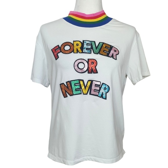 Mira Mikati Tops - Mira Mikati Forever Or Never Rainbow Mock Neck Glitter Graphic Tee Shirt White 6